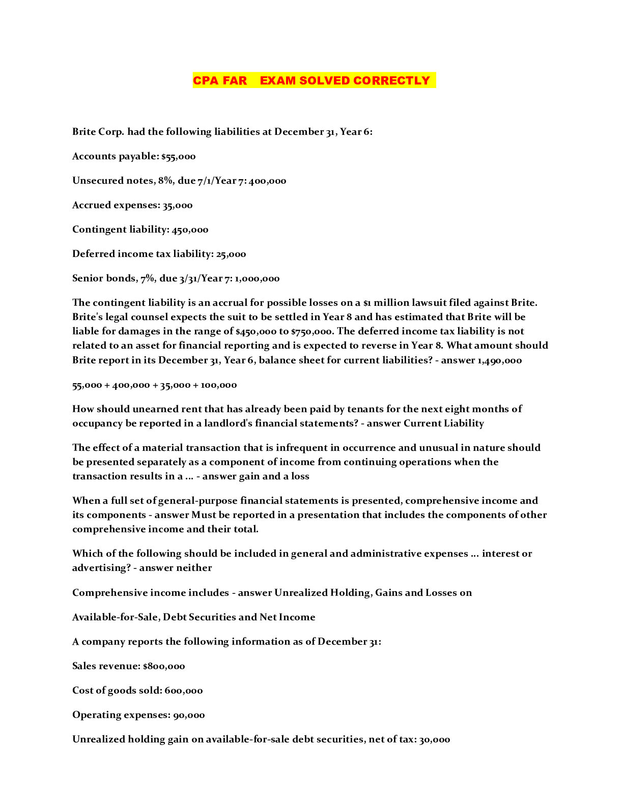 Preview image of CPA FAR EXAM SOLVED CORRECTLY document